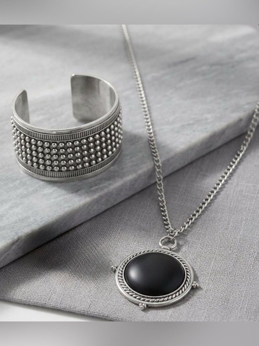 Western Silver Studded Cuff Bracelet & Black Stone Pendant Necklace Boho Set